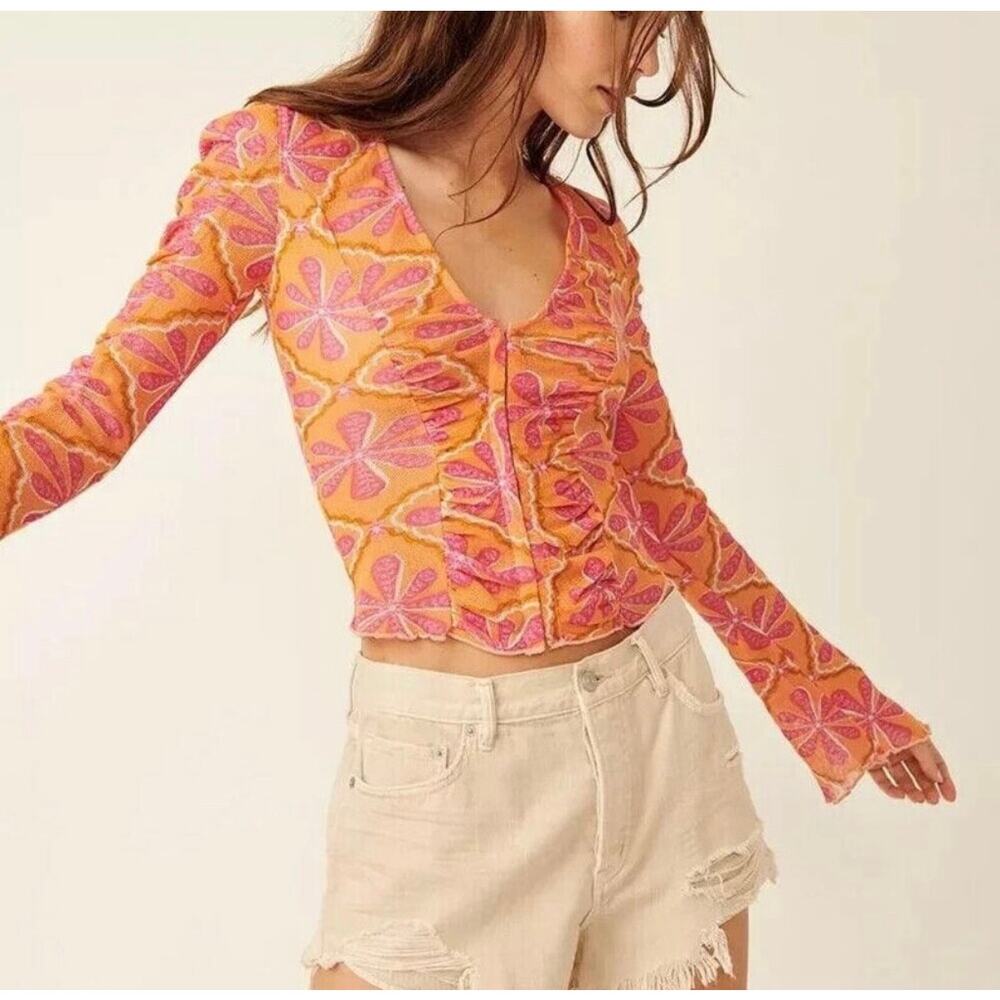 NEW Free People Through The Meadow Grapefruit Seltzer Orange Ruched Retro Top - Picture 4 of 13